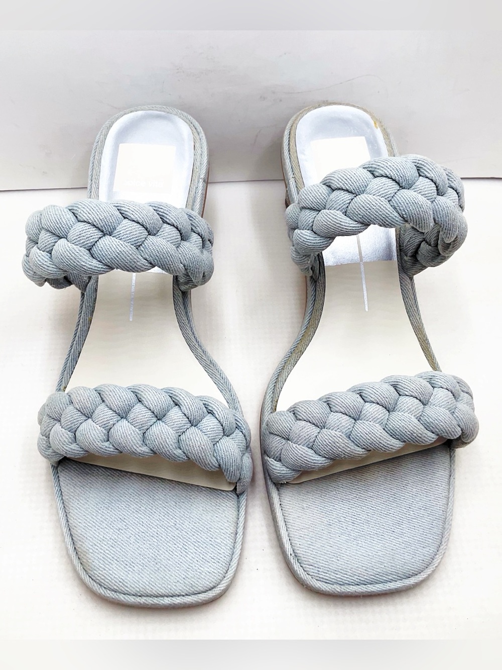 {Dolce Vita} Indy Light Blue Denim Slip On Open Square Toe Woven Straps Sandals - Picture 7 of 14